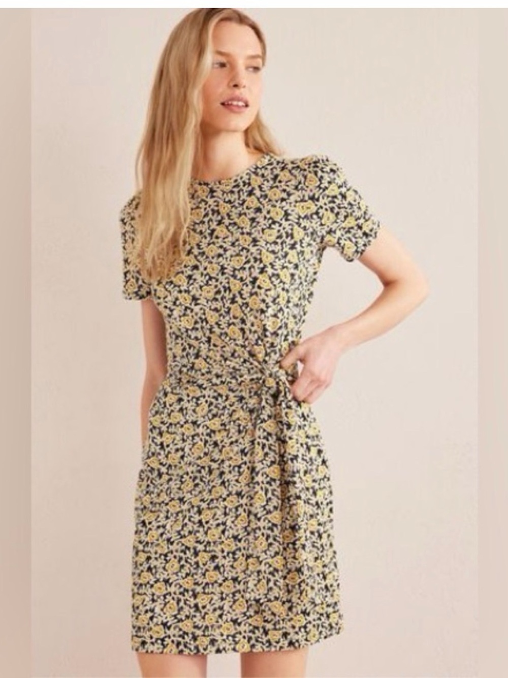 Boden Black Floral Twist-Front Midi Dress with Mustard Accents